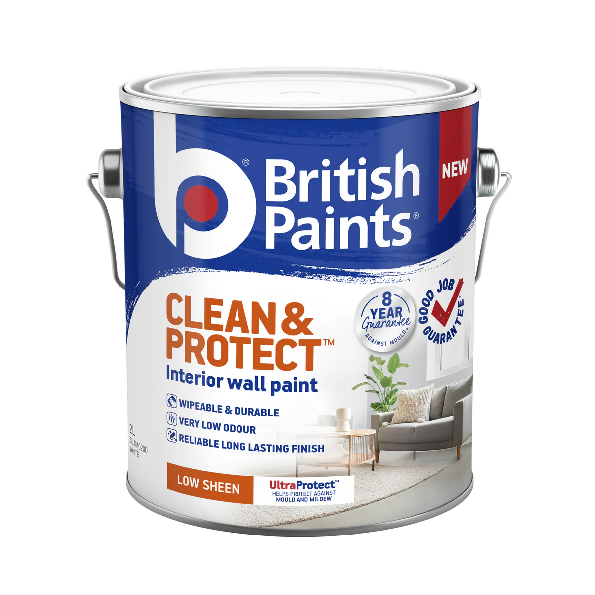 British Paints Clean and Protect Low Sheen Interior Paint 2L - White - Wipeable Finish - 8-Year Mould Guarantee