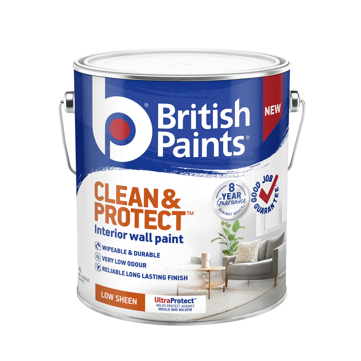 British Paints Clean and Protect Low Sheen Interior Paint 4L - White - Wipeable Finish - 8-Year Mould Guarantee