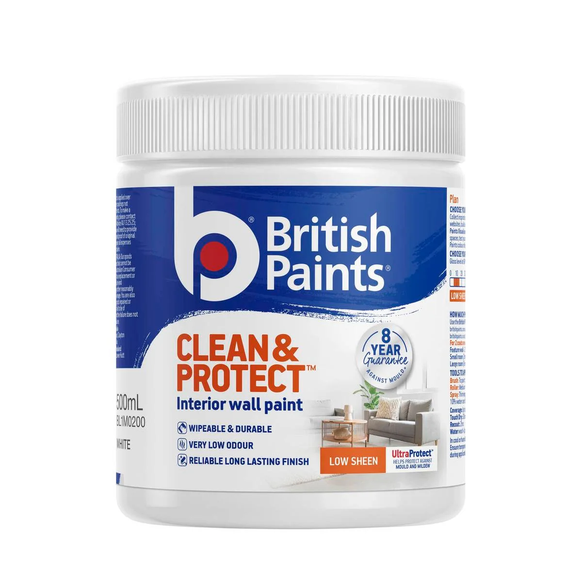 British Paints Clean and Protect Low Sheen Paint 500ml - White - Durable Finish