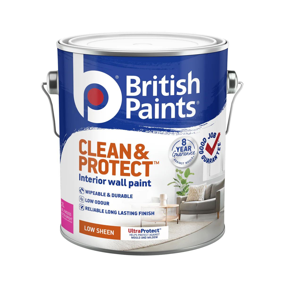 British Paints Extra Bright Low Sheen Interior Paint 2L - Wipeable Finish - 8-Year Mould Guarantee