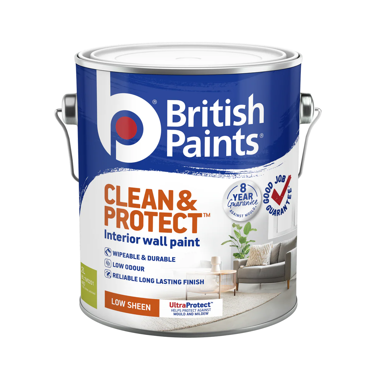 British Paints Mid Low Sheen Interior Paint 2L - Wipeable - 8-Year Mould Guarantee