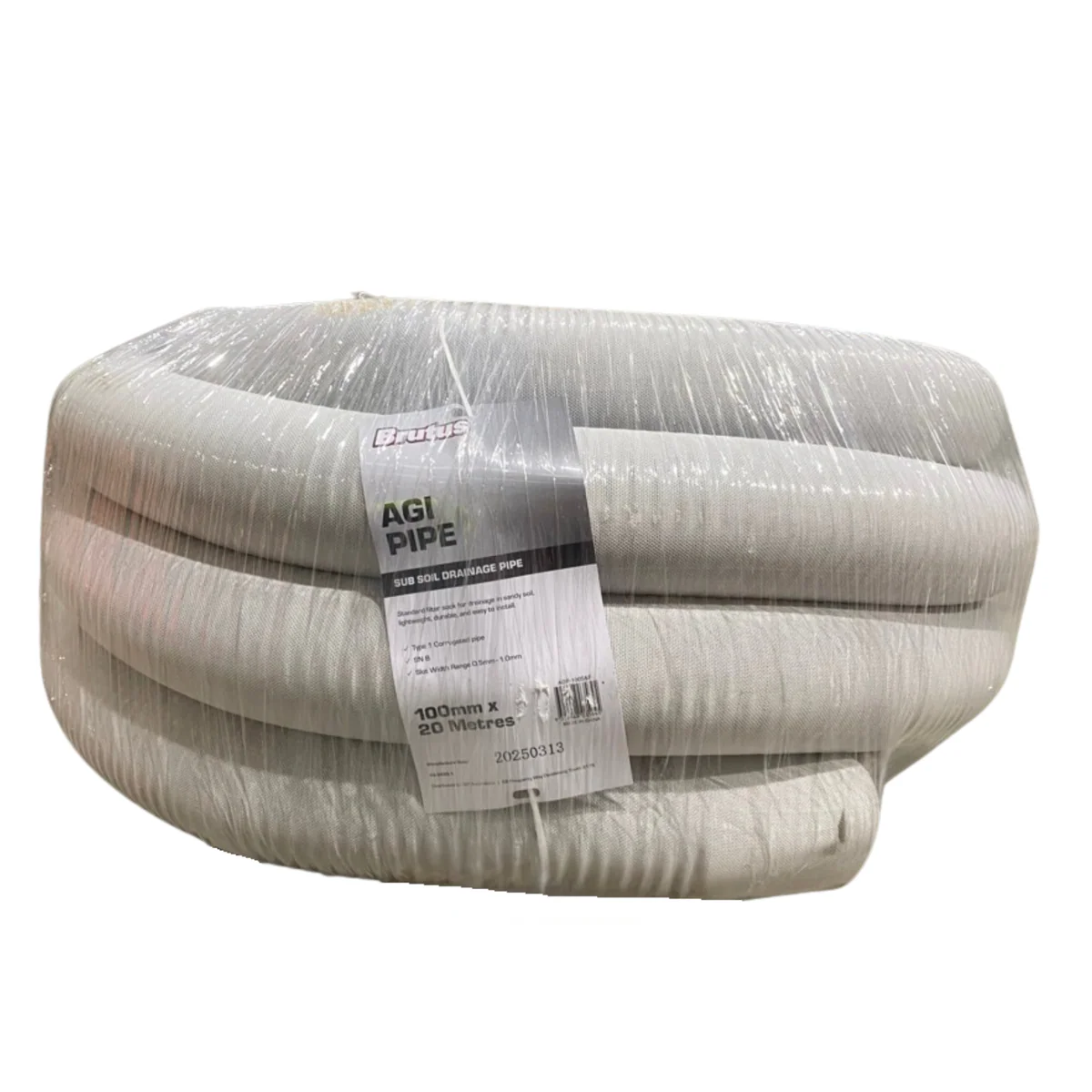 Brutus 100mm x 20m Slotted Socked Agi Pipe - Effective Drainage Solution