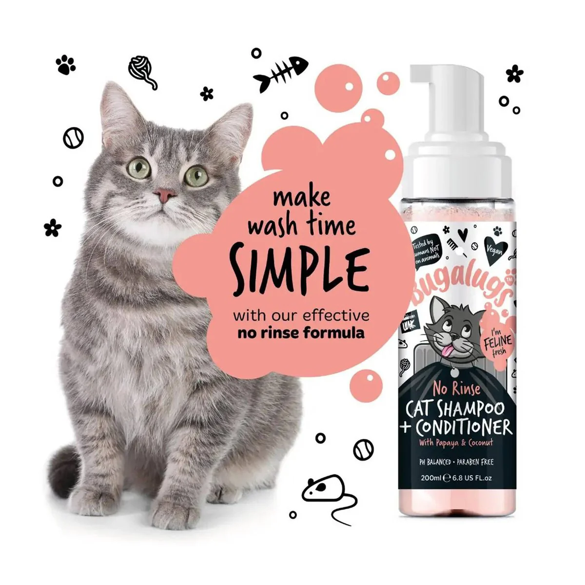 Bugalugs No Rinse Cat Shampoo and Conditioner - 200ml - Waterless Cleaning - Image 4