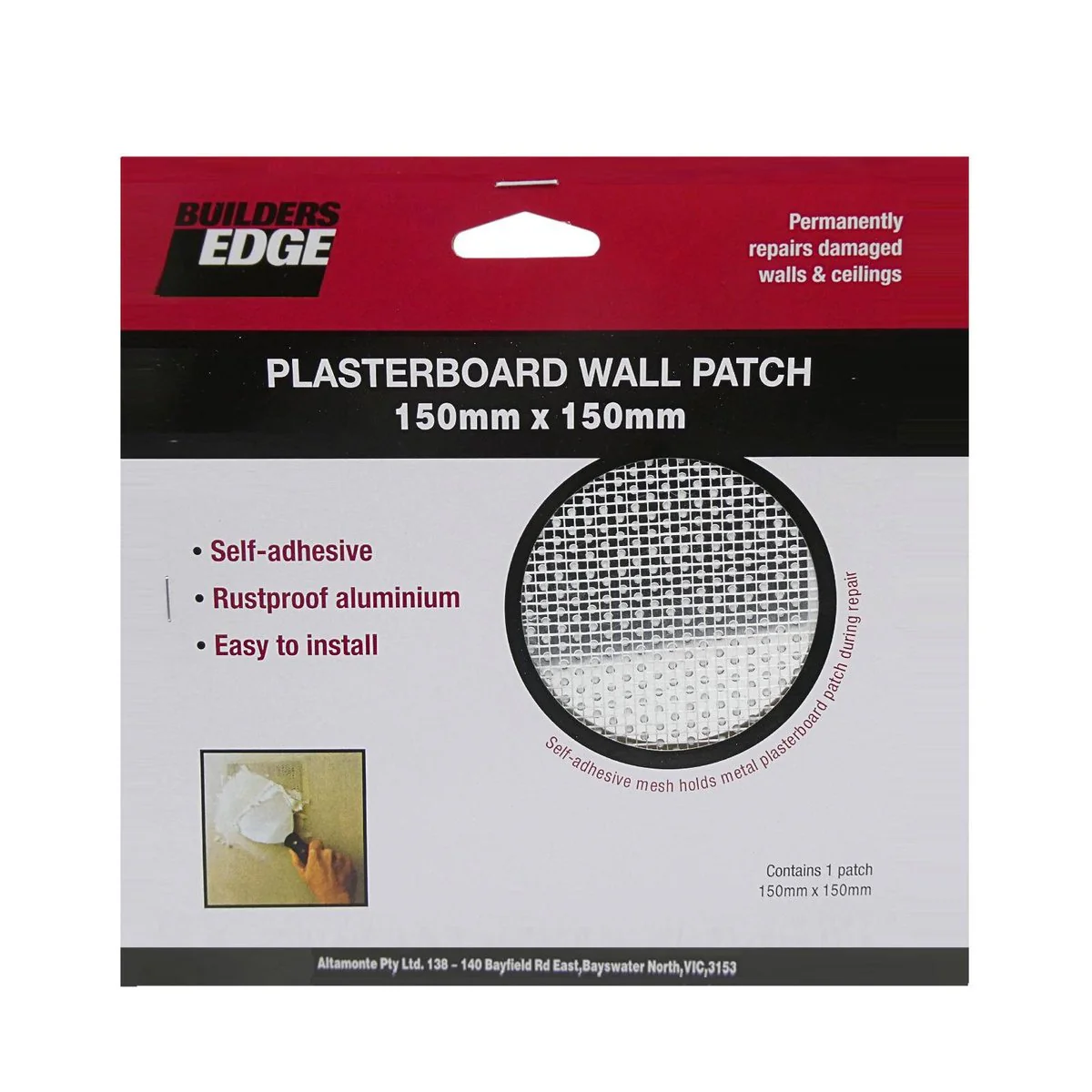 Builders Edge Plasterboard Hole Patch - 150mm x 150mm - Aluminium - Self-Adhesive