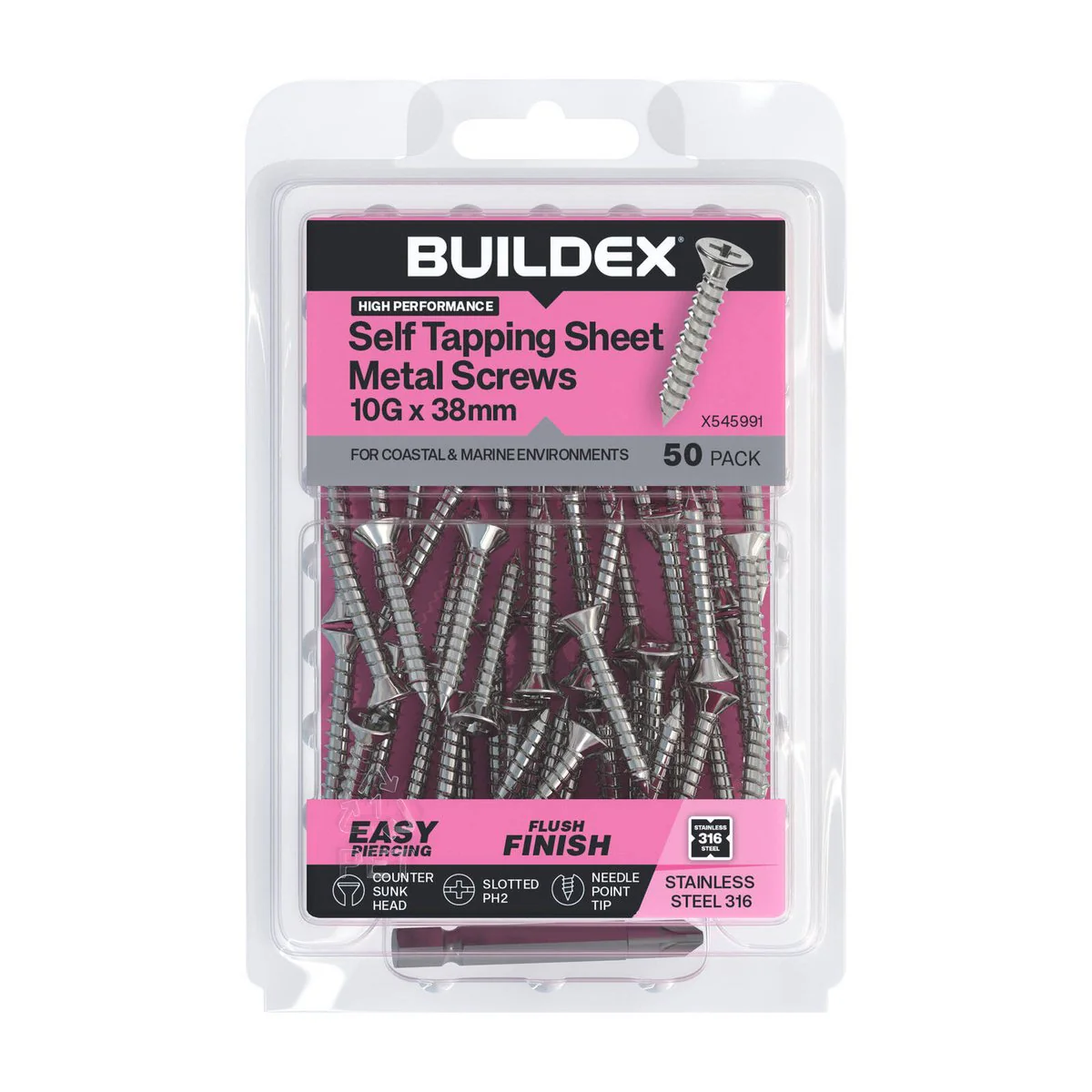 Buildex 10g x 38mm SS316 Self Tapping Sheet Metal Screws - Countersunk Head - 50 Pack - Corrosion Resistant - Quick Installation