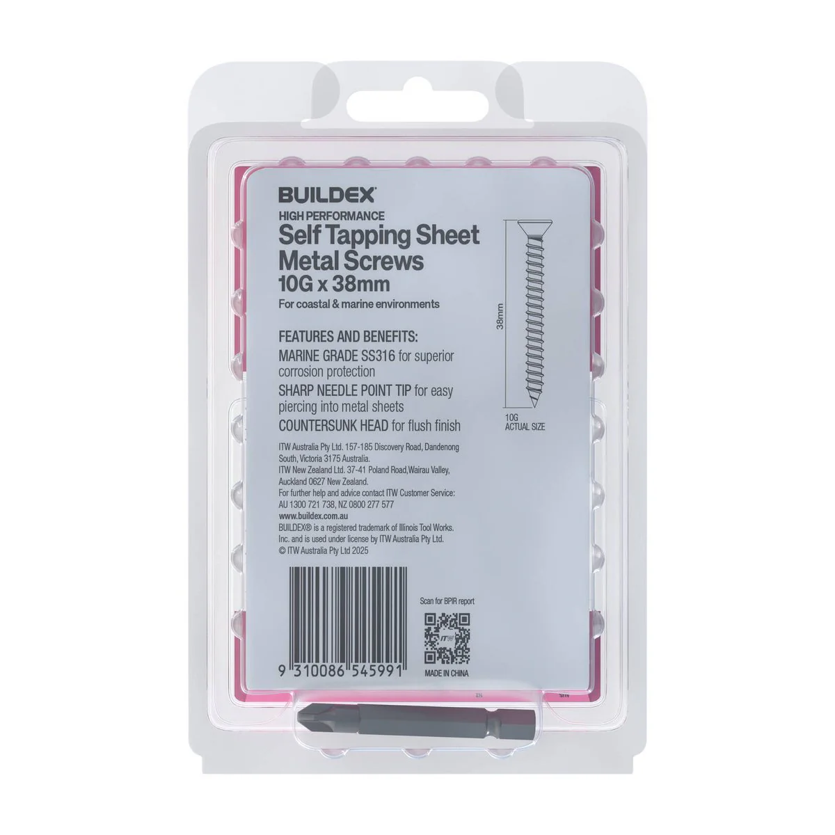 Buildex 10g x 38mm SS316 Self Tapping Sheet Metal Screws - Countersunk Head - 50 Pack - Corrosion Resistant - Quick Installation - Image 2