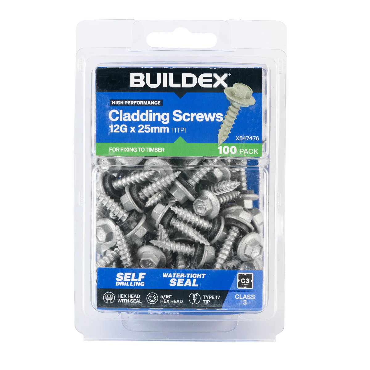 Buildex 12g x 25mm Class 3 Cladding Screws - 100 Pack - Zinc-Alloy - Type 17