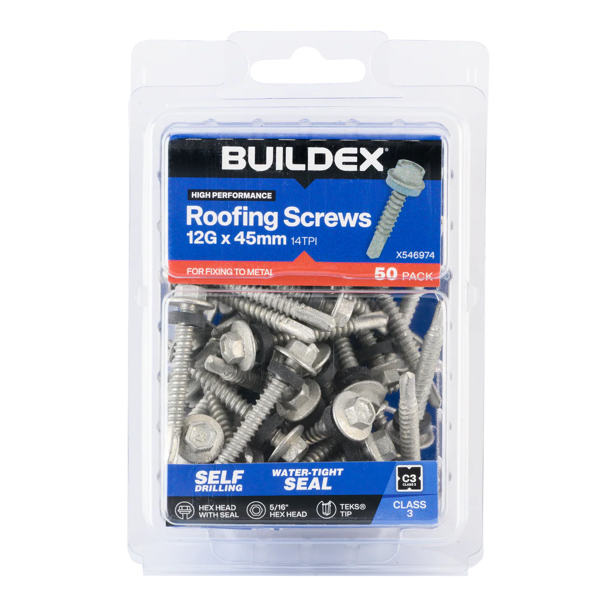 Buildex 12g x 45mm Roofing Teks Screws - 50 Pack - Class 3 Corrosion Protection