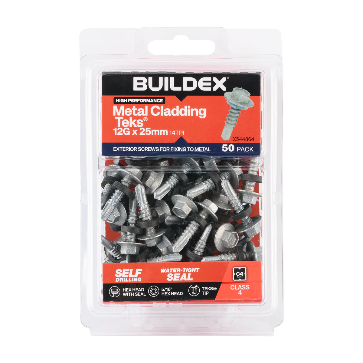 Buildex Cladding Fencing Teks Screws 12g x 25mm - 50 Pack - Self-Drilling - Corrosion-Resistant