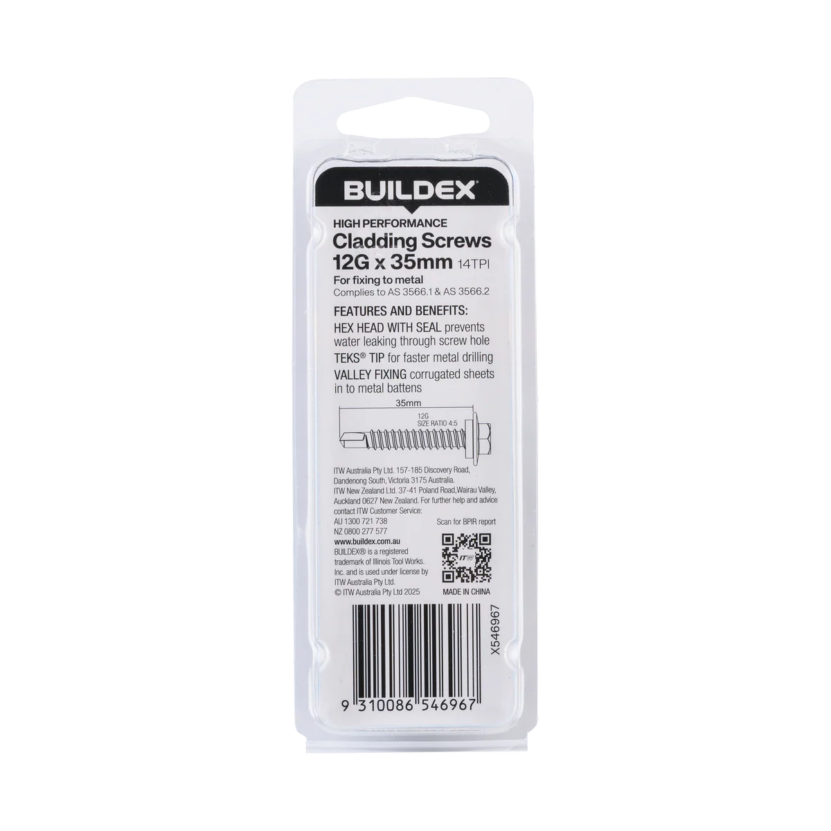 Buildex Roofing Teks Screws 12g x 35mm - Class 3 - 10 Pack - Self-Drilling - Image 2
