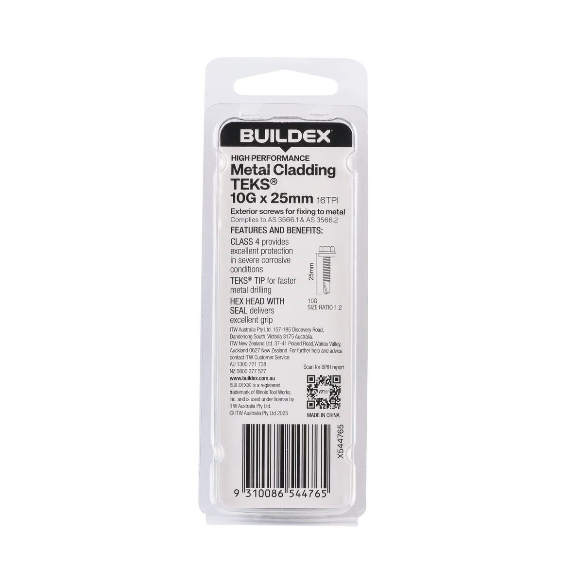 Buildex Teks Screws - 10g x 25mm - Class 4 - 20 Pack - Self-Drilling - Corrosion Resistant - Image 2