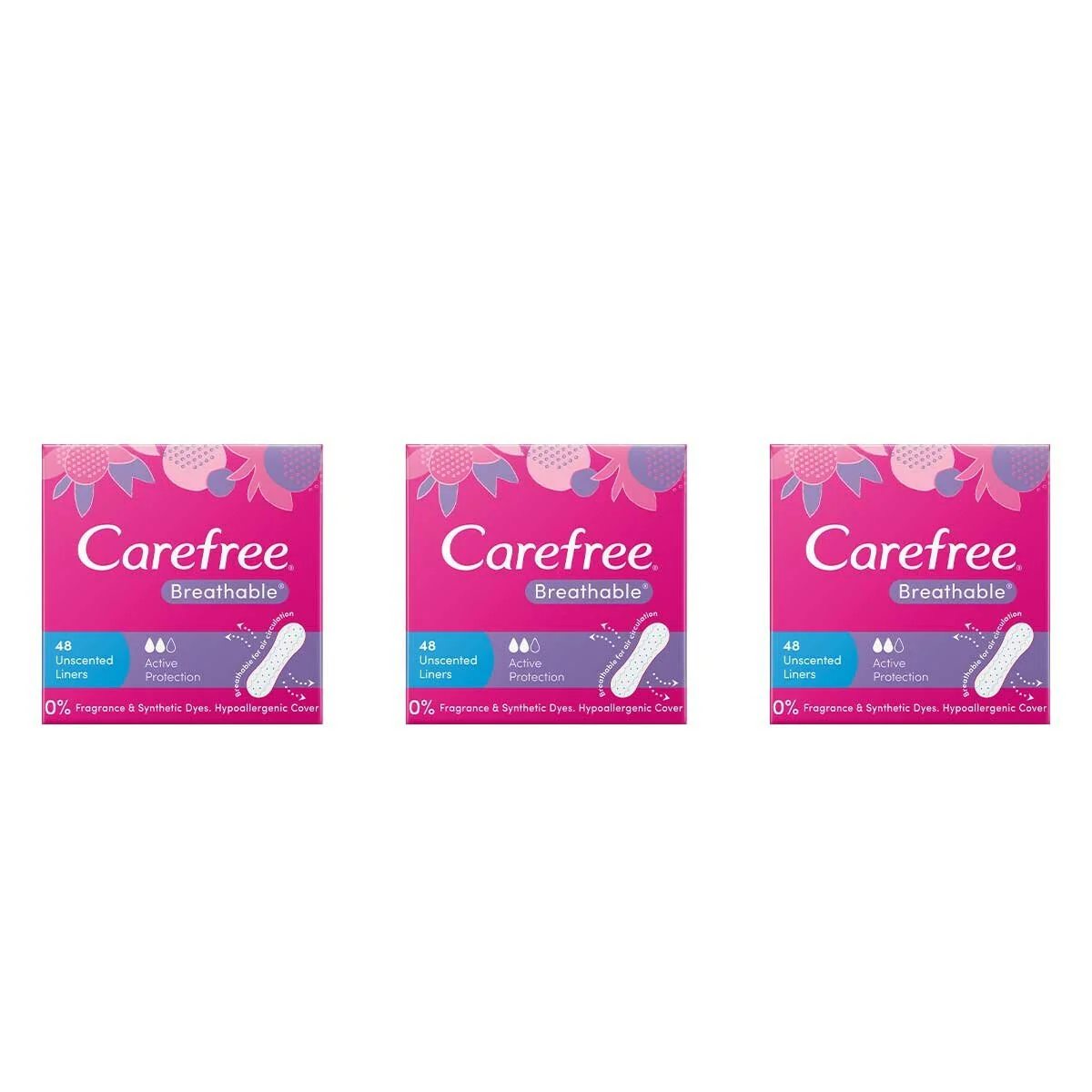Carefree Breathable Panty Liners 3 x 48 Pack Unscented Liners