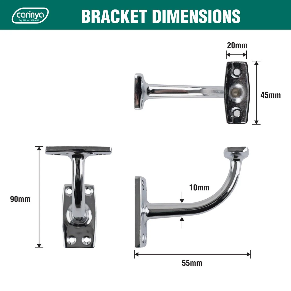 Carinya Handrail Bracket - 46mm x 55mm - Chrome Plated - Corrosion Resistant - Image 4