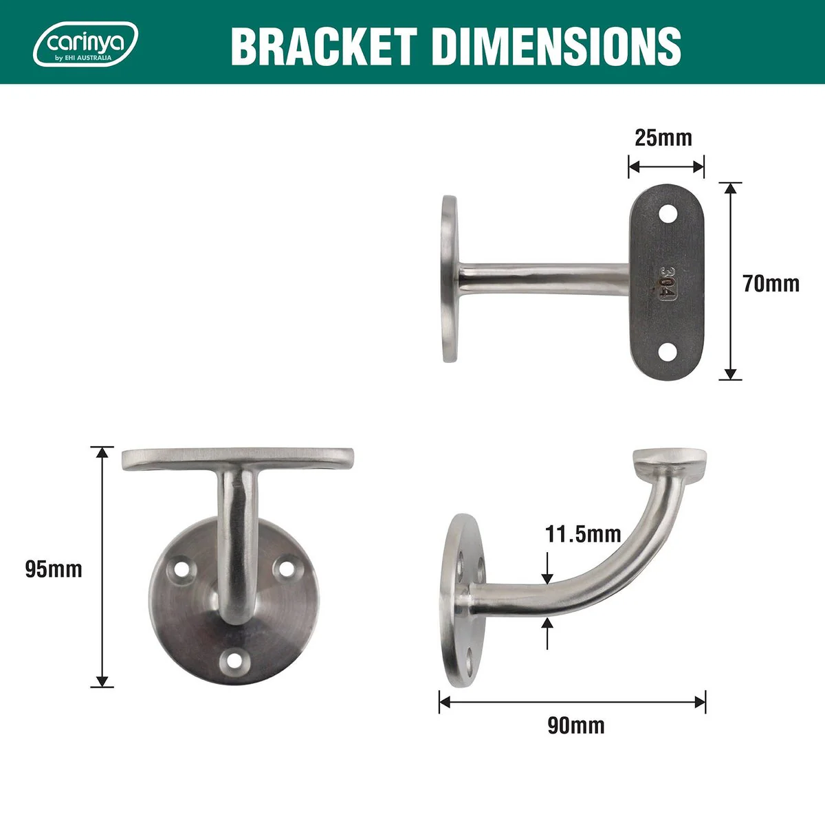 Carinya Stainless Steel Flat Top Curved Handrail Bracket - 70mm x 90mm x 95mm - Silver - Image 4