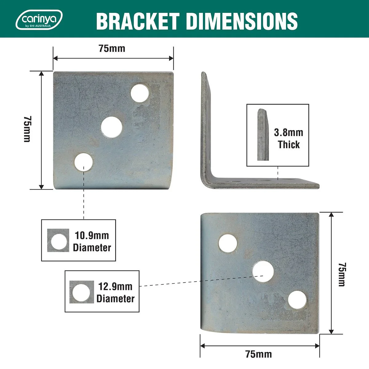 Carinya Reinforcing Angle Bracket - 75mm - Zinc Plated - 500kg Load Capacity - Image 4