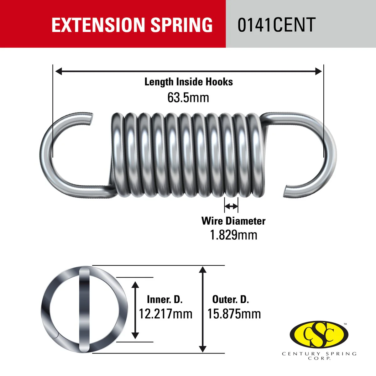 Century Spring Corp Extension Spring 16 x 63mm - 2 Pack - Energy Absorption - Image 2