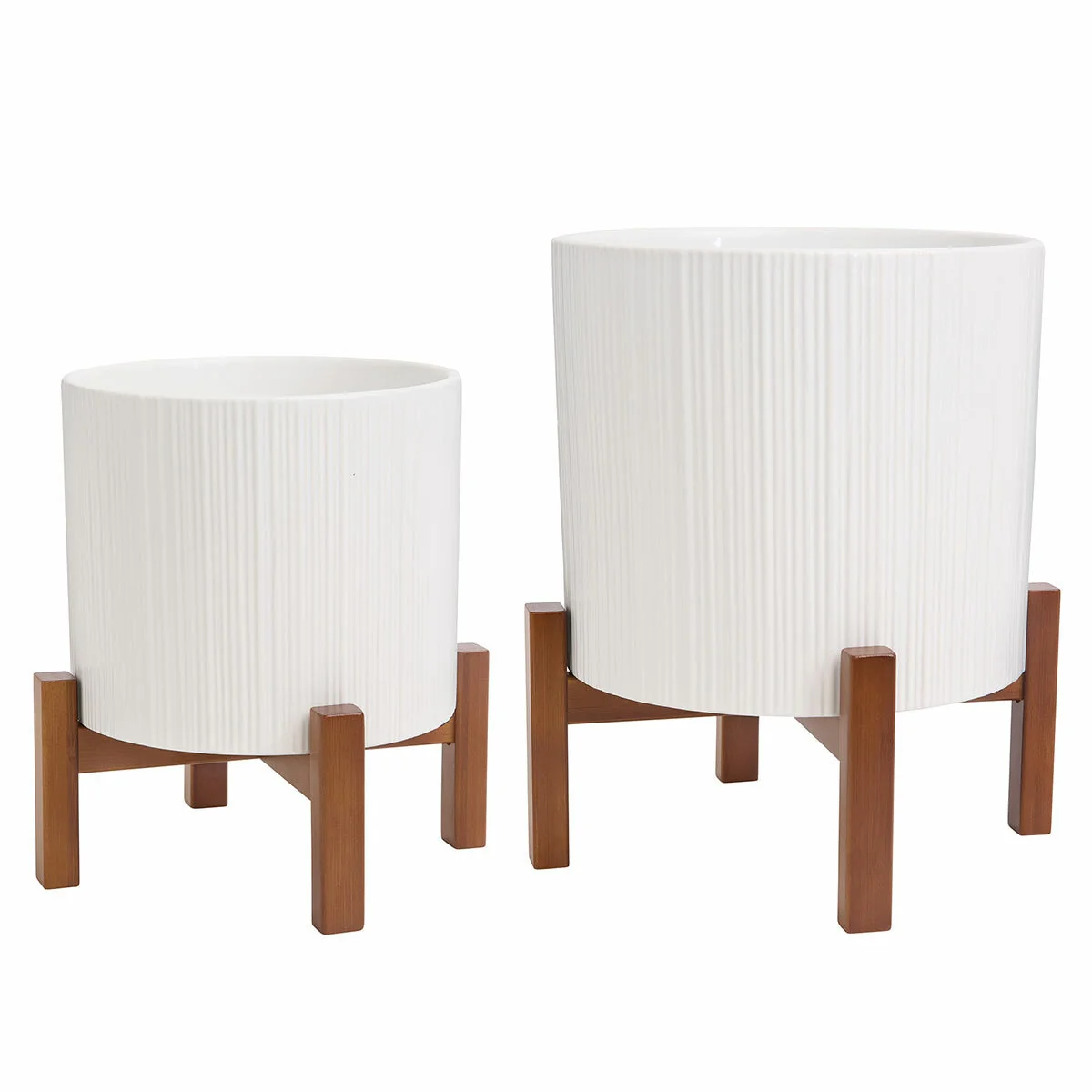 Ceramic Planters Set of 2 with Bamboo Stand White Capacity 5.5L & 3.3L - Image 2