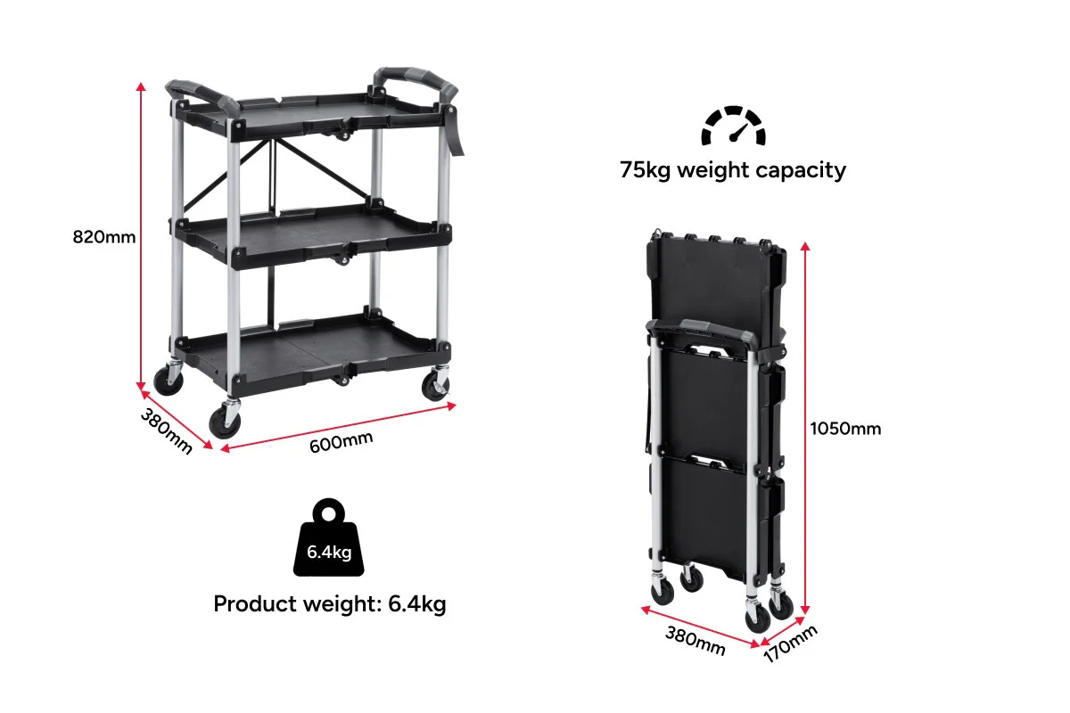 Certa Foldable Utility Storage Cart 3 Tier 75kg Capacity - Image 9