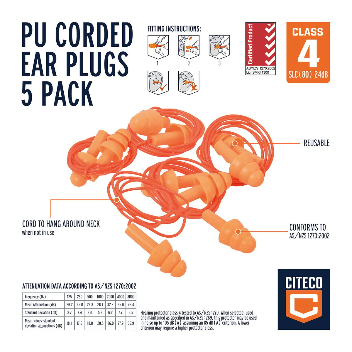 Citeco Class 4 PU Corded Ear Plugs - 5 Pack - Noise Reduction - Comfortable - Image 2