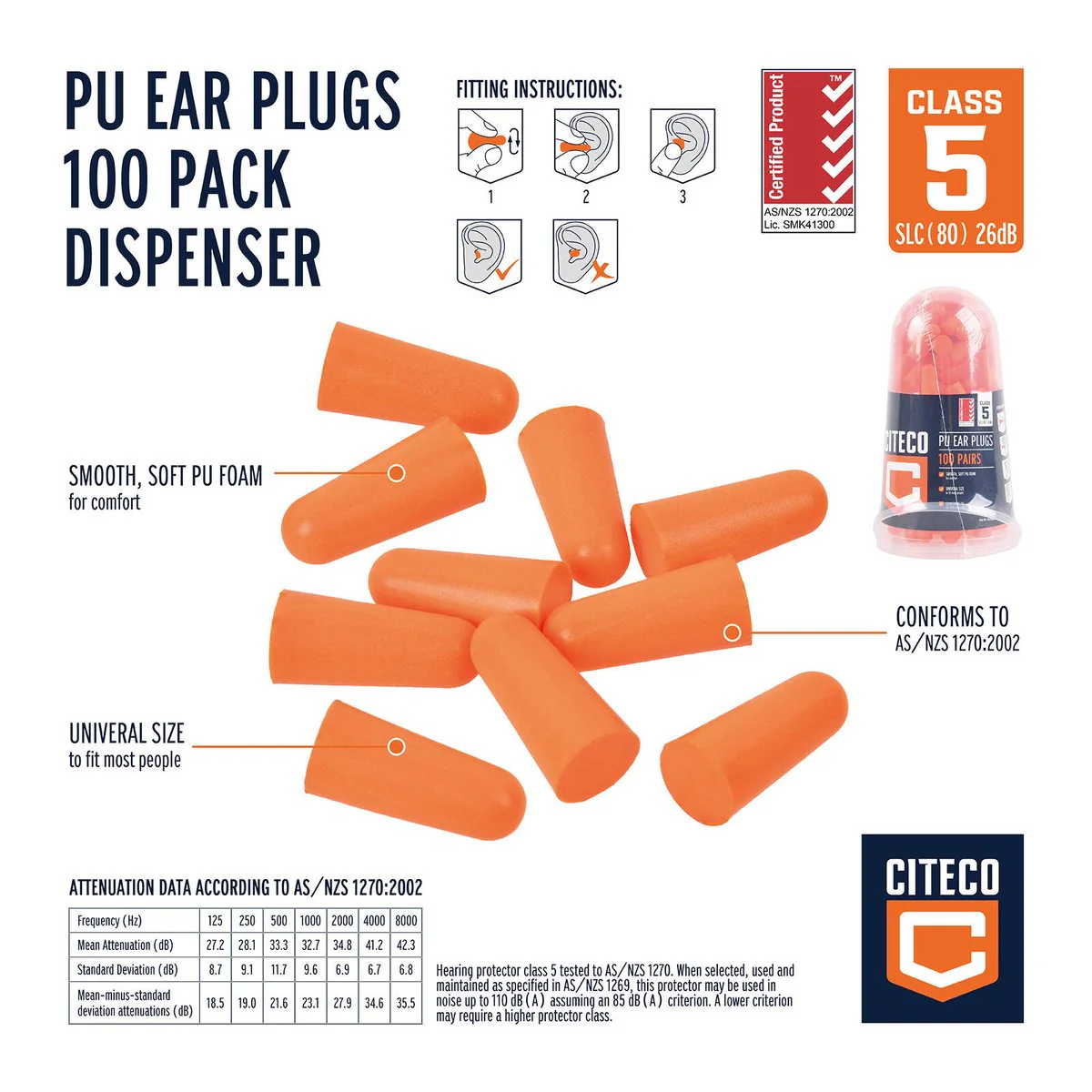 Citeco Class 5 Ear Plugs 100 Pack Dispenser - Noise Reduction 26.1dB - PU Foam - Image 2