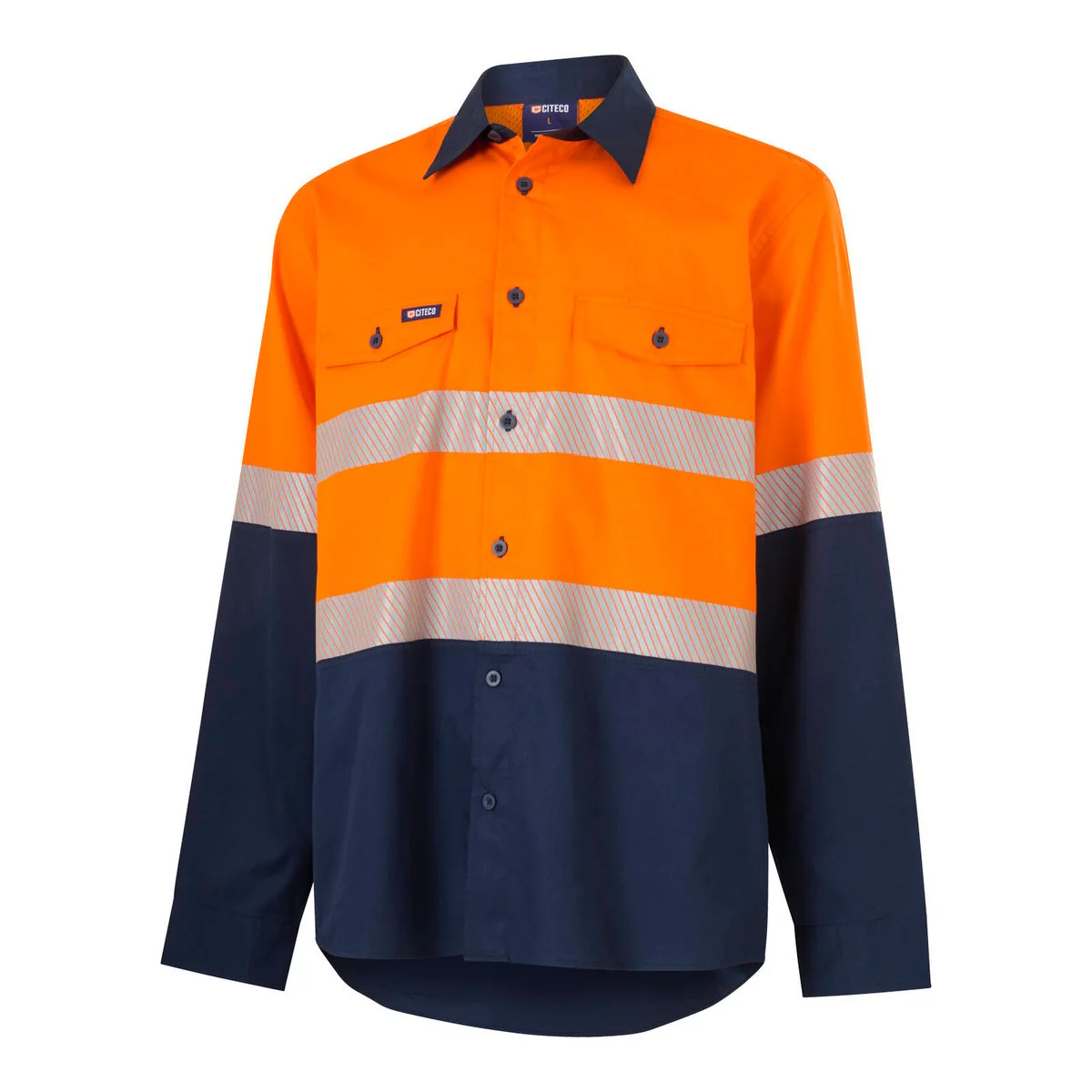 Citeco Hi Vis Long Sleeve Taped Shirt M 100% Cotton Orange/Navy - UPF 50+ - Image 2