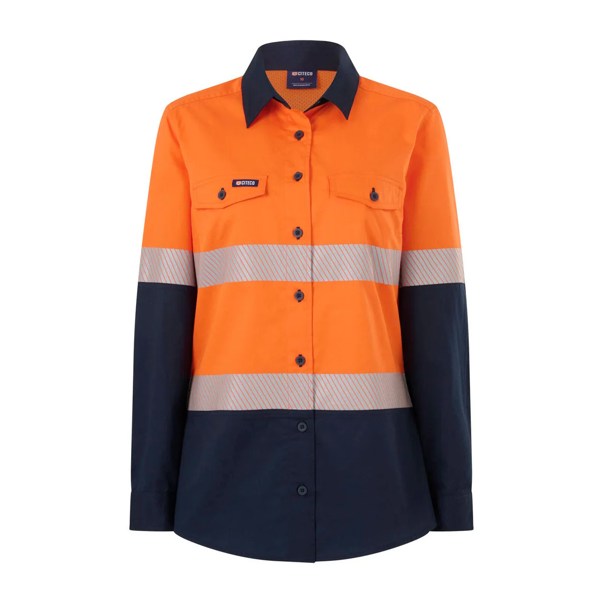 Citeco Womens Long Sleeve Shirt Size 16 - Hi Vis Orange Navy - Taped Seams