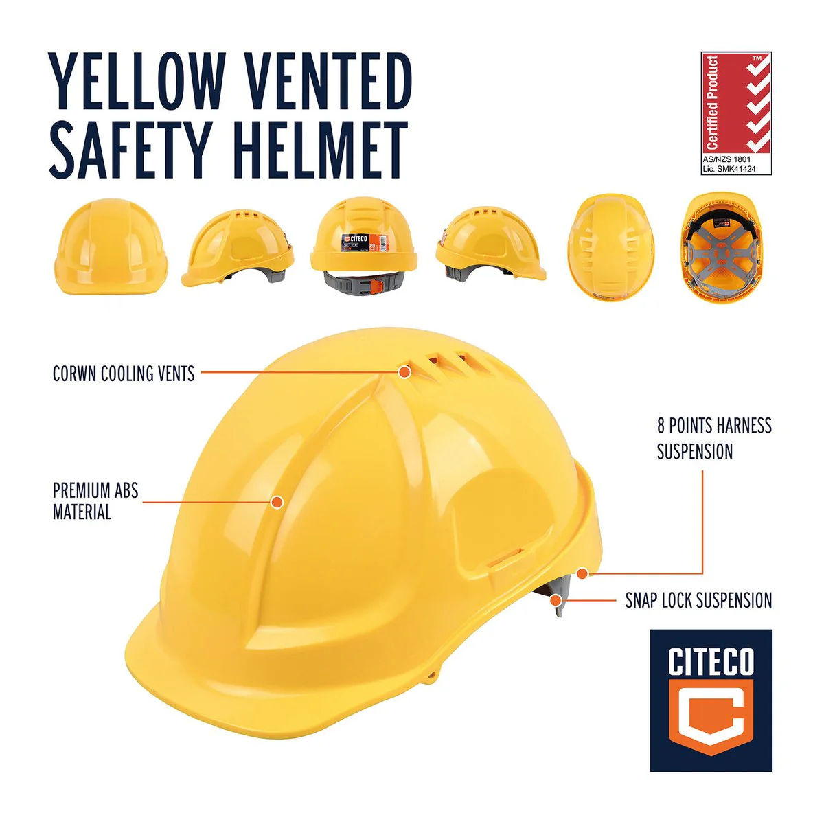 Citeco Yellow Vented Safety Helmet - ABS Plastic - Lightweight - Comfortable - Image 2
