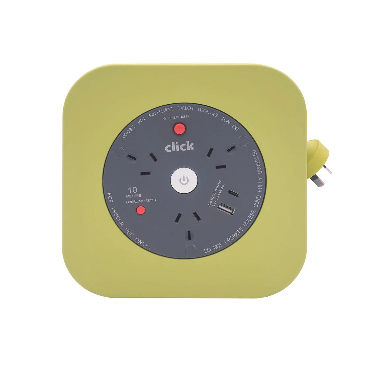 Click 10m 3 Outlet Cable Reel with USB Charger - Green - Overload Protection - Image 2