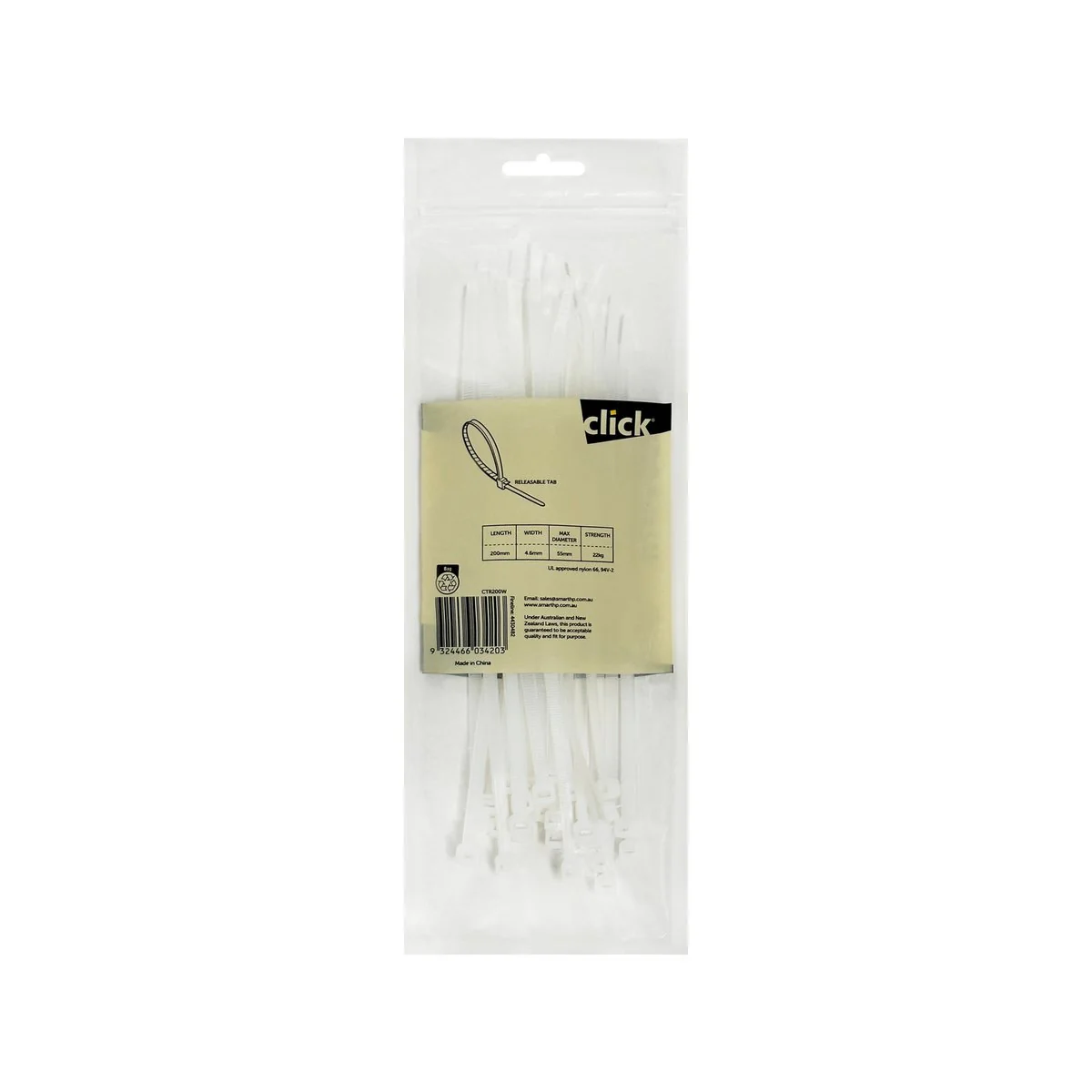Click 200mm White Releasable Cable Tie 25 Pack - UV Resistant - Nylon - Image 2
