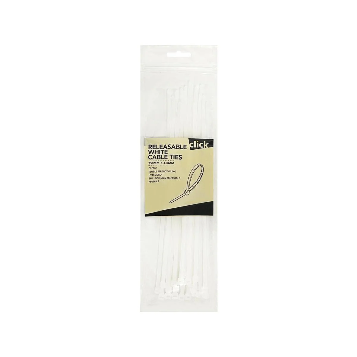 Click 250mm White Releasable Cable Tie 25 Pack - UV Resistant Nylon