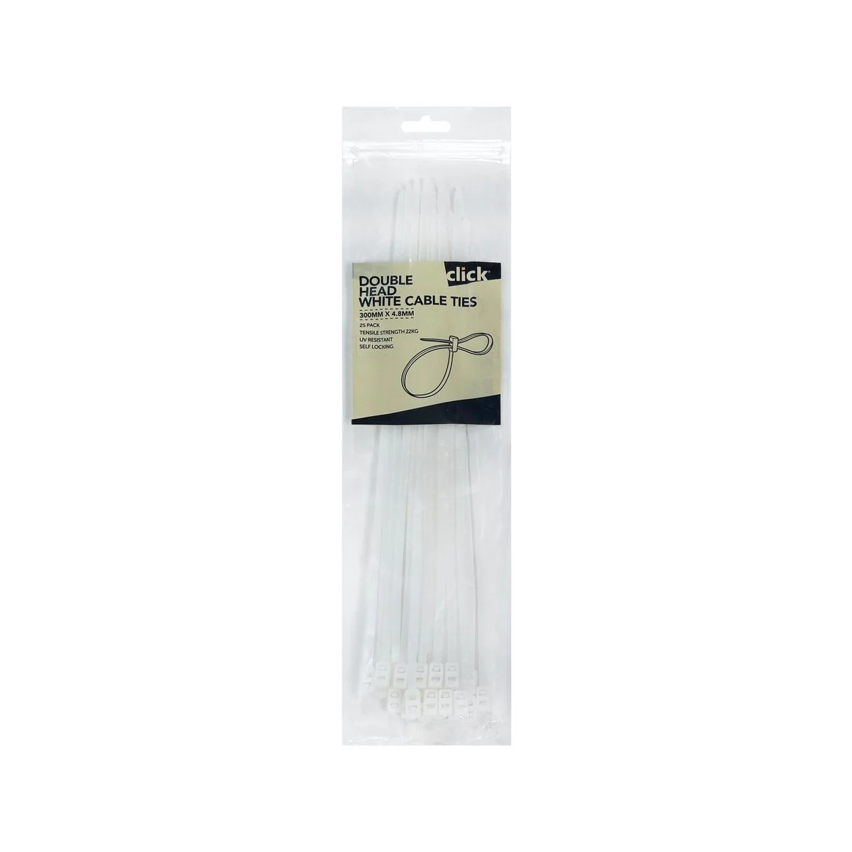 Click 300mm Double Headed Cable Tie 25 Pack - UV Resistant - White