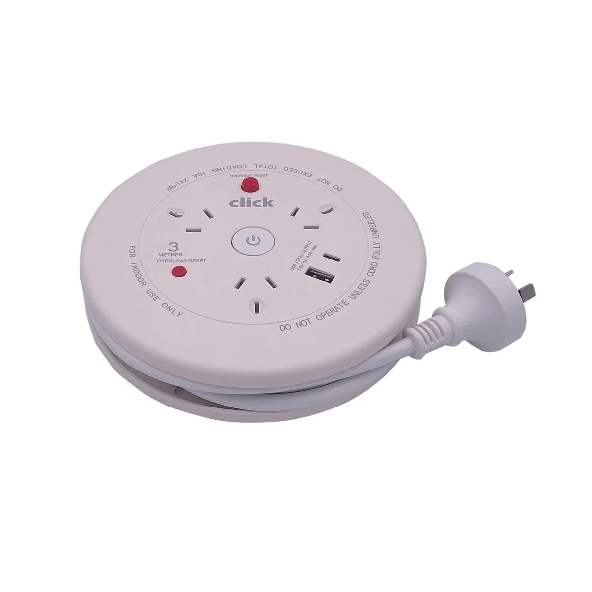 Click 3m Cable Reel with USB Charger - 3 Power Outlets - Portable Design - Image 2