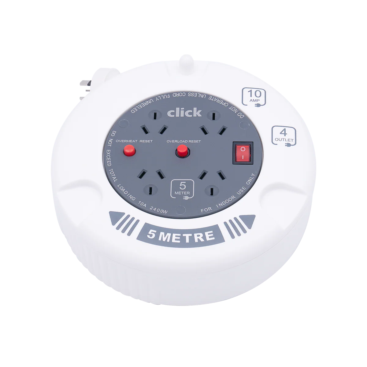 Click 5m Cable Reel - 4 Power Outlets - On/Off Switch - Safety Features