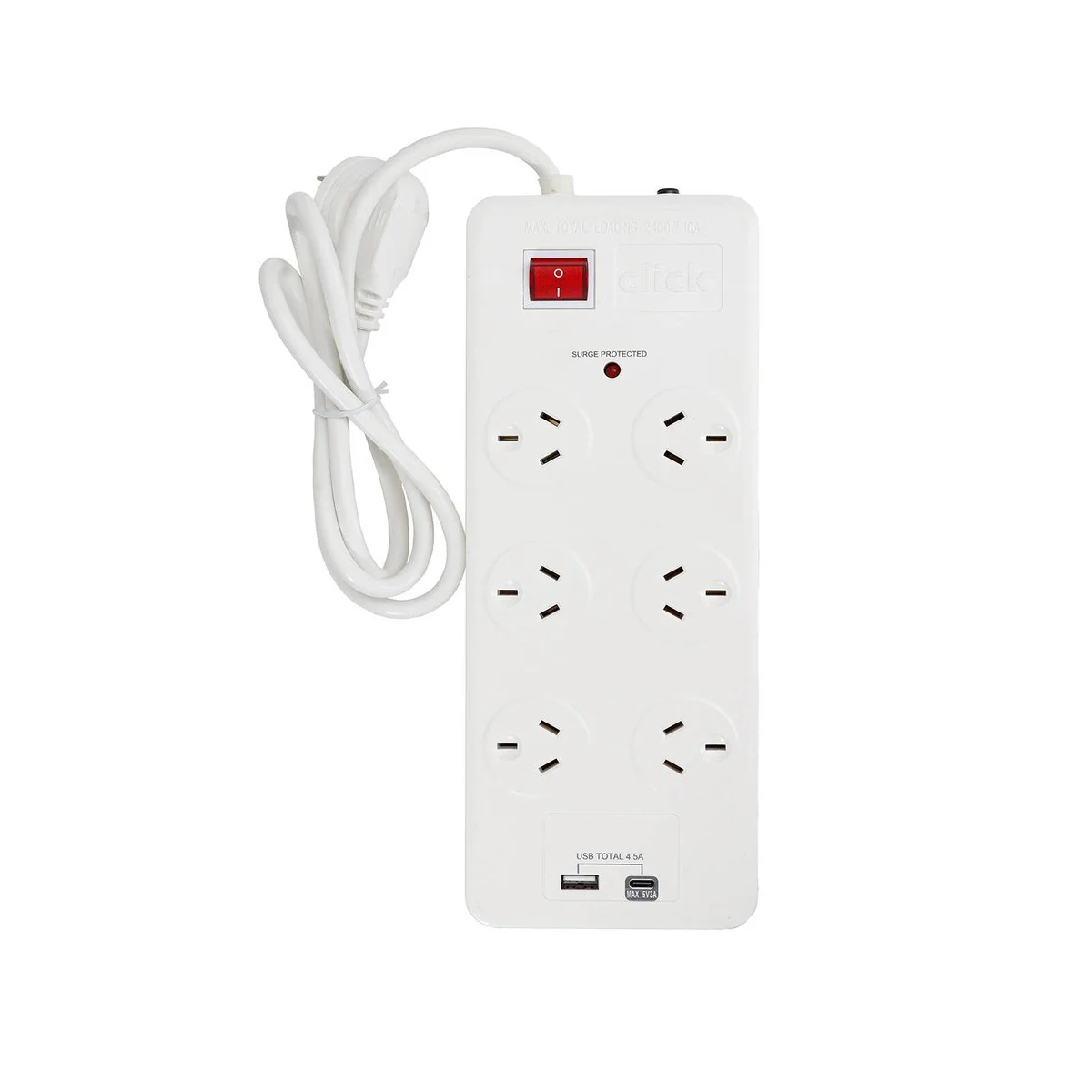 Click 6 Outlet Power Board with USB Charger - 240V - Surge Protection - 1m Lead - Image 2
