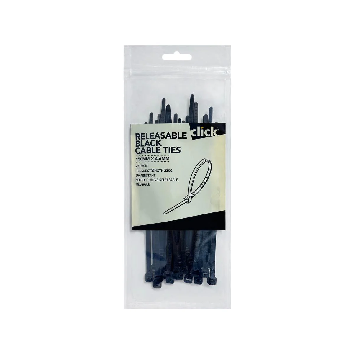 Click Releasable Cable Tie 150mm Black 25 Pack - UV Resistant Nylon 66