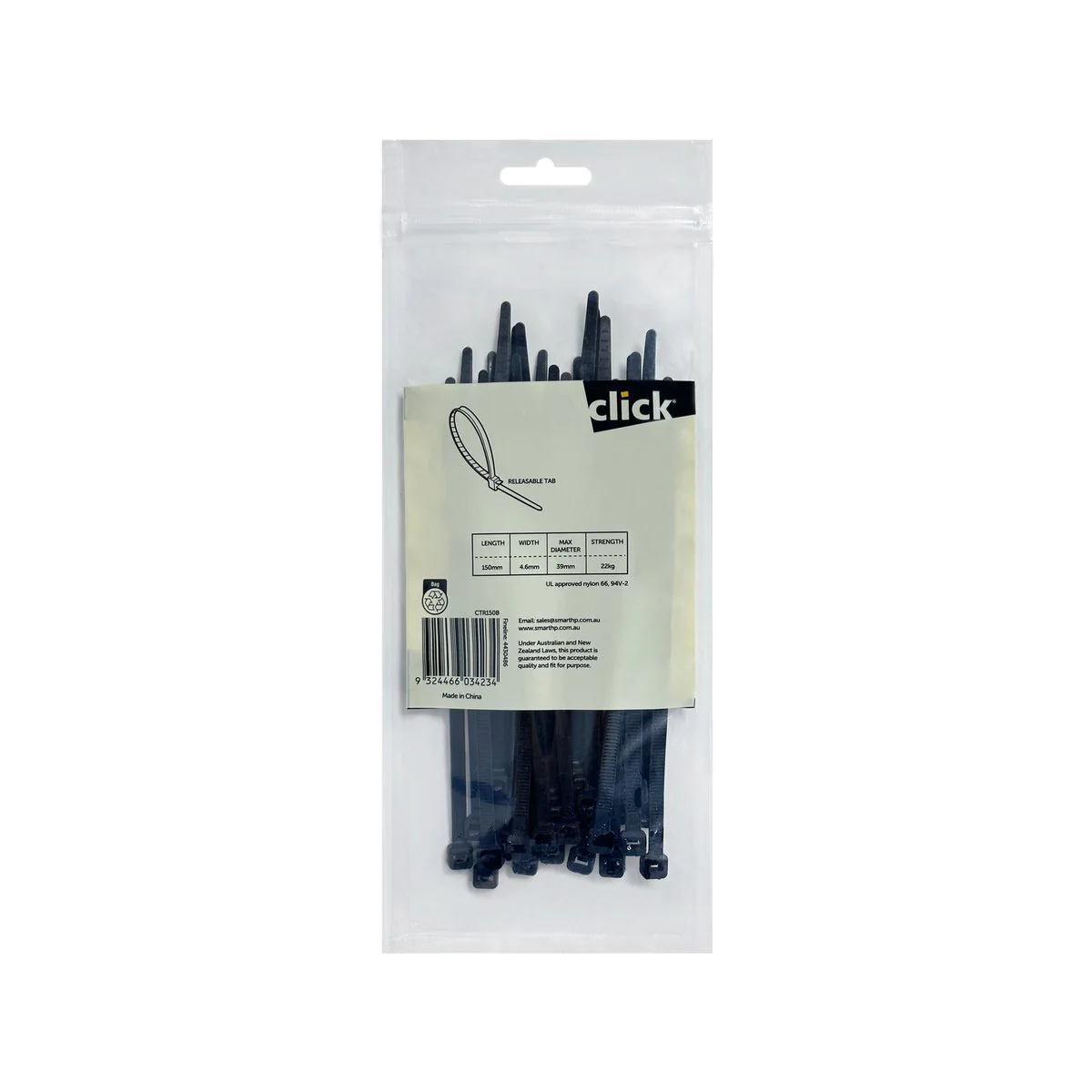 Click Releasable Cable Tie 150mm Black 25 Pack - UV Resistant Nylon 66 - Image 2