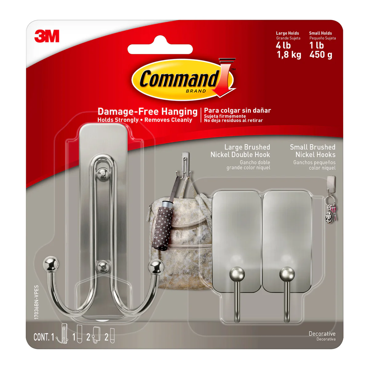 Command Brushed Nickel Hooks 3 Pack - 1 Large & 2 Small - Damage-Free Hanging - 98mm x 171mm