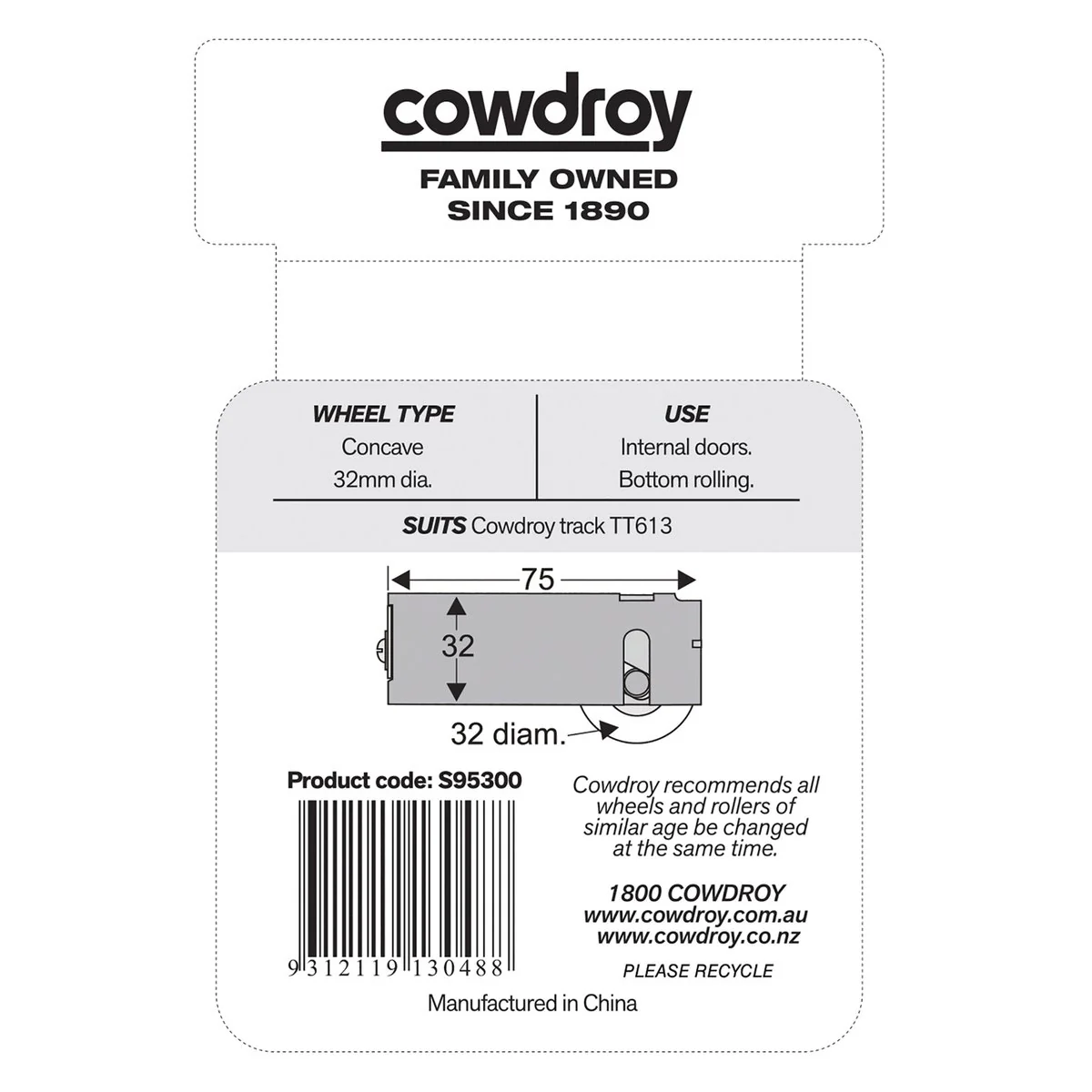 Cowdroy Sliding Door Track - 32mm - Nylon - Concave Wheel Assembly - 2 Pack - Image 2