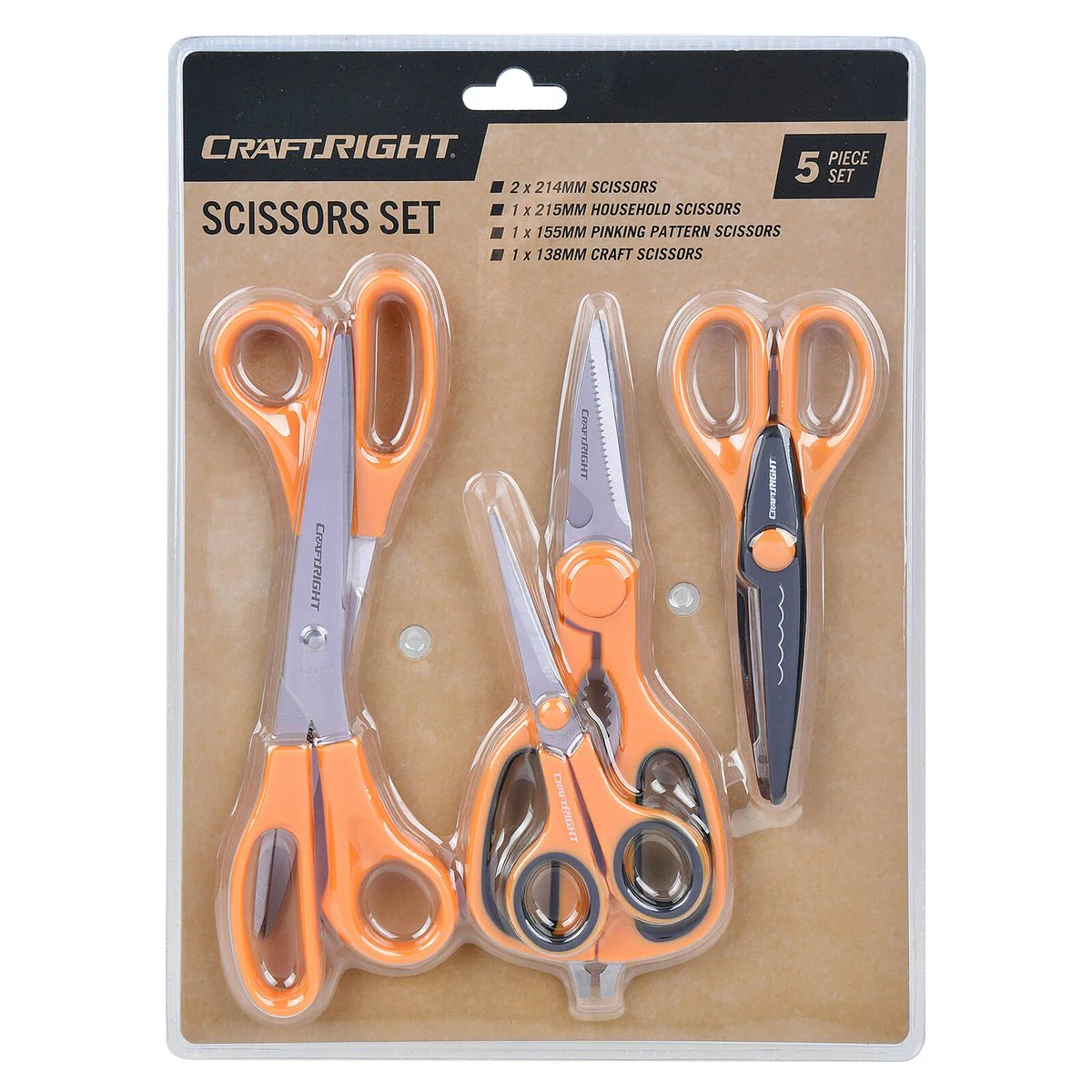 Craftright 5 Piece Scissors Set - 214mm, 215mm, 155mm, 138mm - Sharp Cutting - Image 2