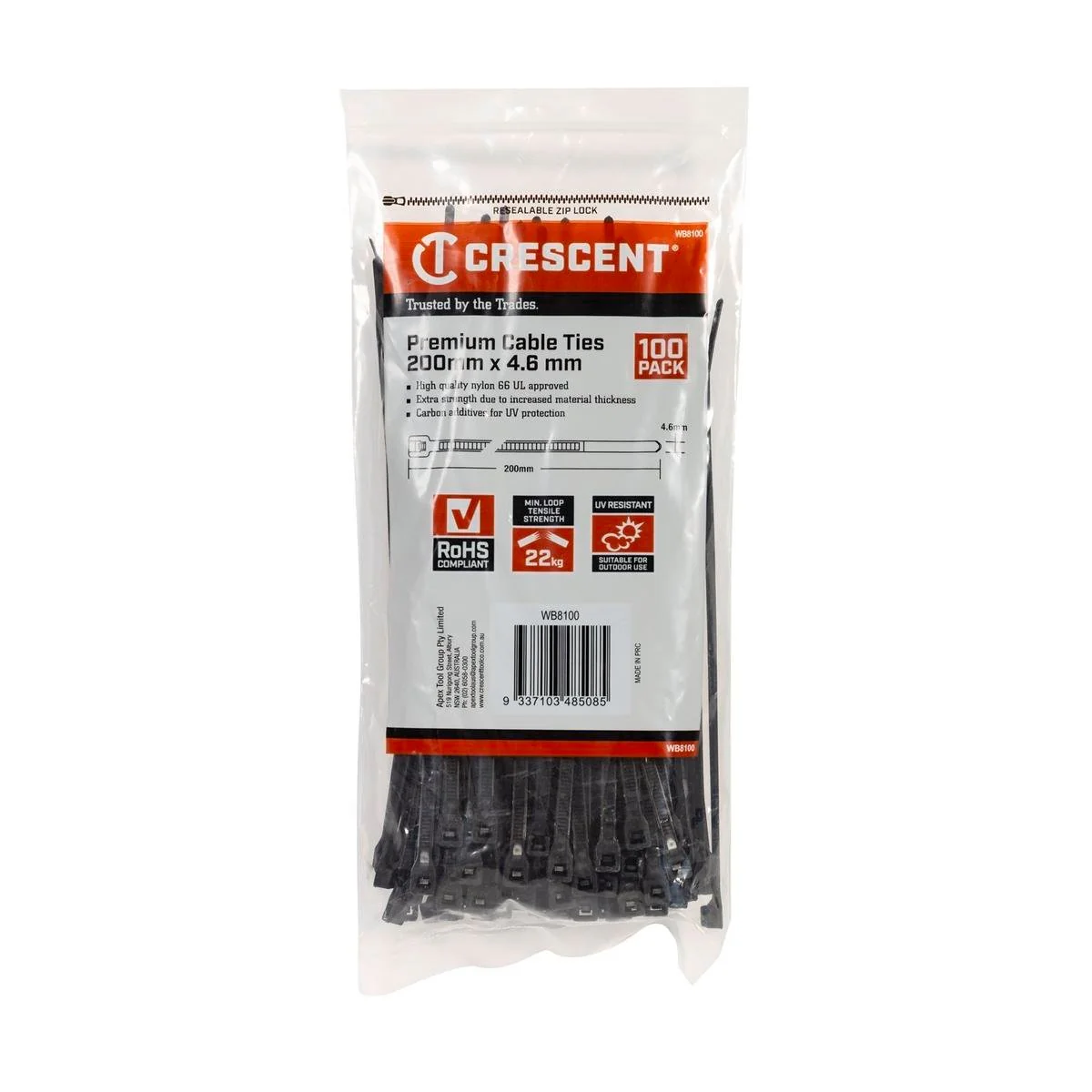 Crescent Cable Ties - 200 x 4.6mm - Black - 100 Pack - Nylon - UV Resistant