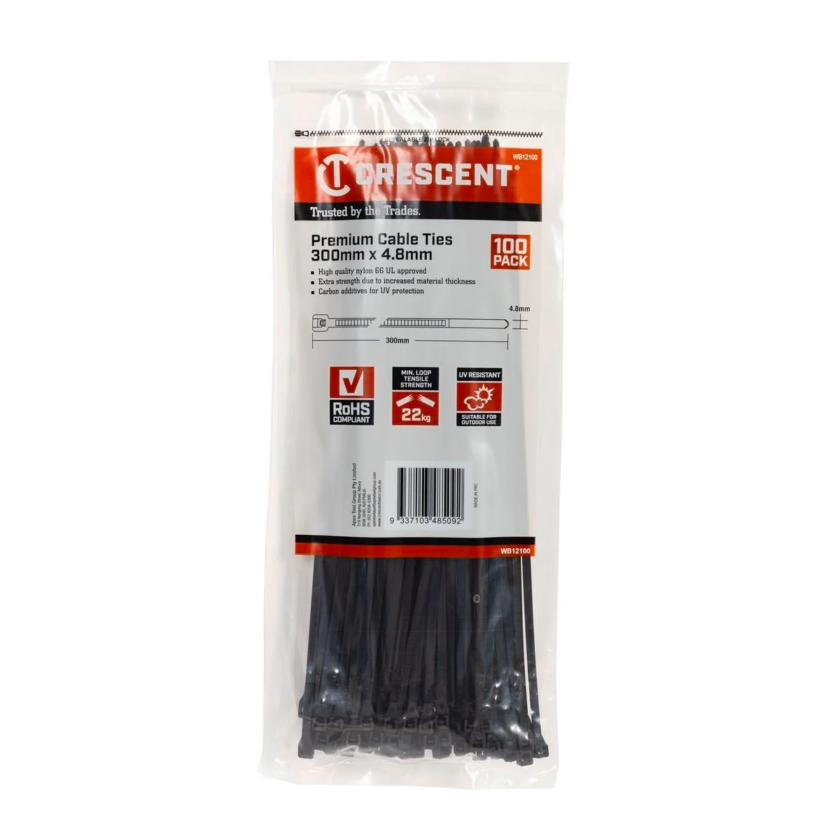Crescent Cable Ties - 300 x 4.8mm - Black - 100 Pack - Nylon - Flame Retardant
