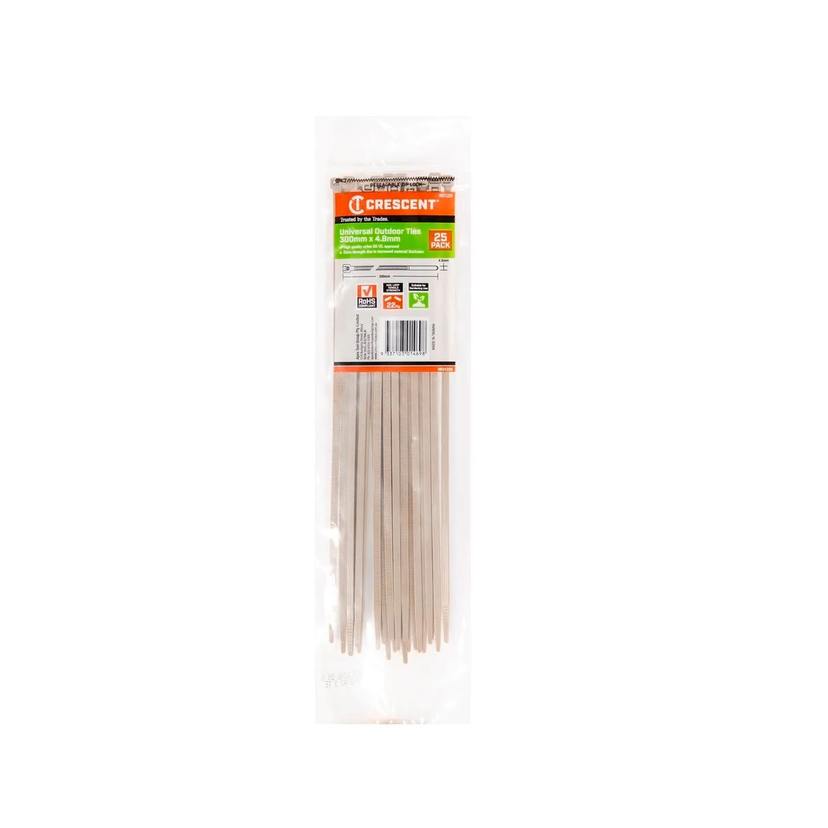 Crescent Outdoor Universal Cable Ties - 300 x 4.8mm - Beige - 25 Pack - Nylon