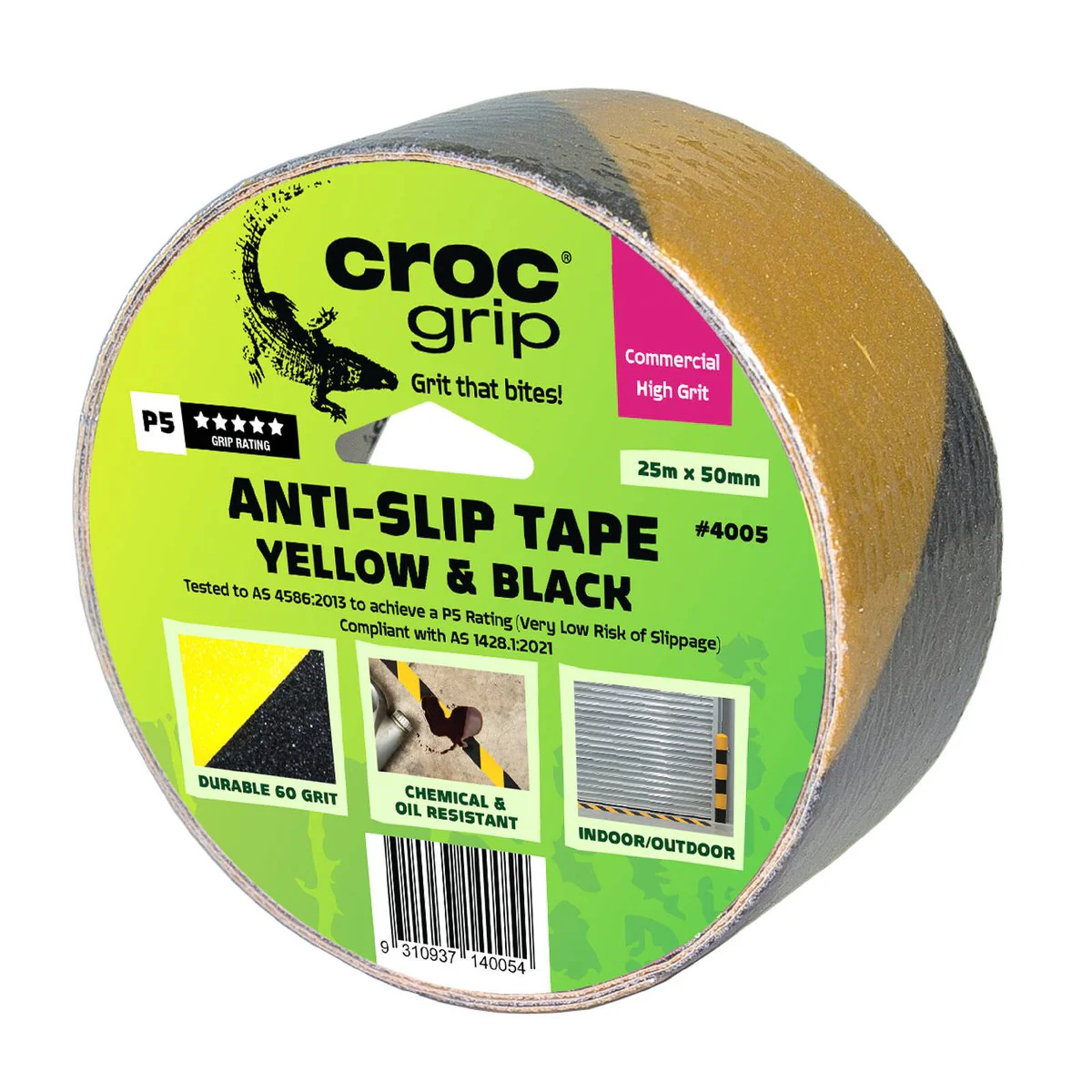 Croc Grip Anti Slip Tape - 25m x 50mm - Yellow and Black - P5 Rated