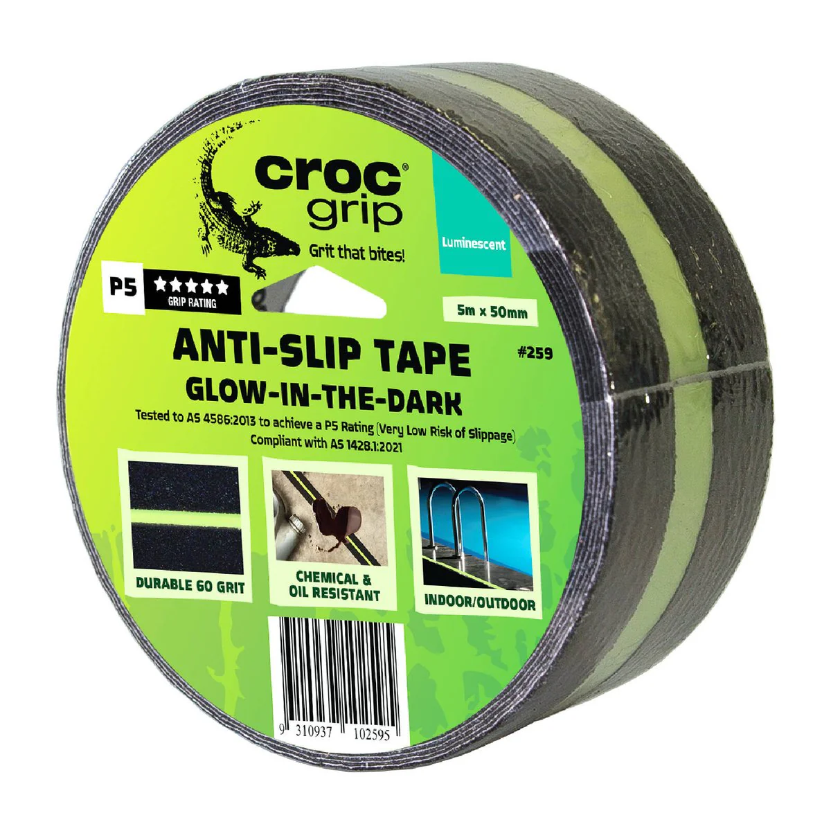 Croc Grip Anti-Slip Tape - 5m x 50mm - Glow in the Dark - P5 Rated