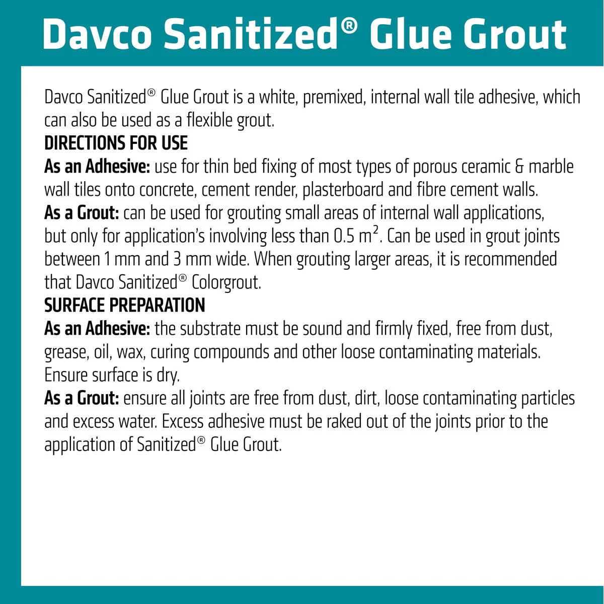 Davco Sanitized Glue Grout 500ml - White - Pre-Mixed Adhesive & Grout - Image 3