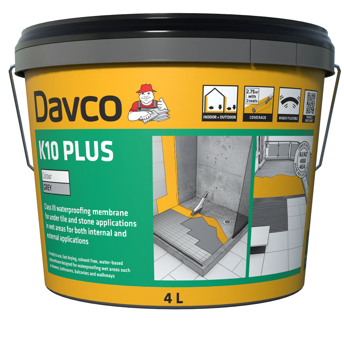 Davco K10 Plus Waterproofing Membrane 4L - Grey - Class III - 500% Flexibility