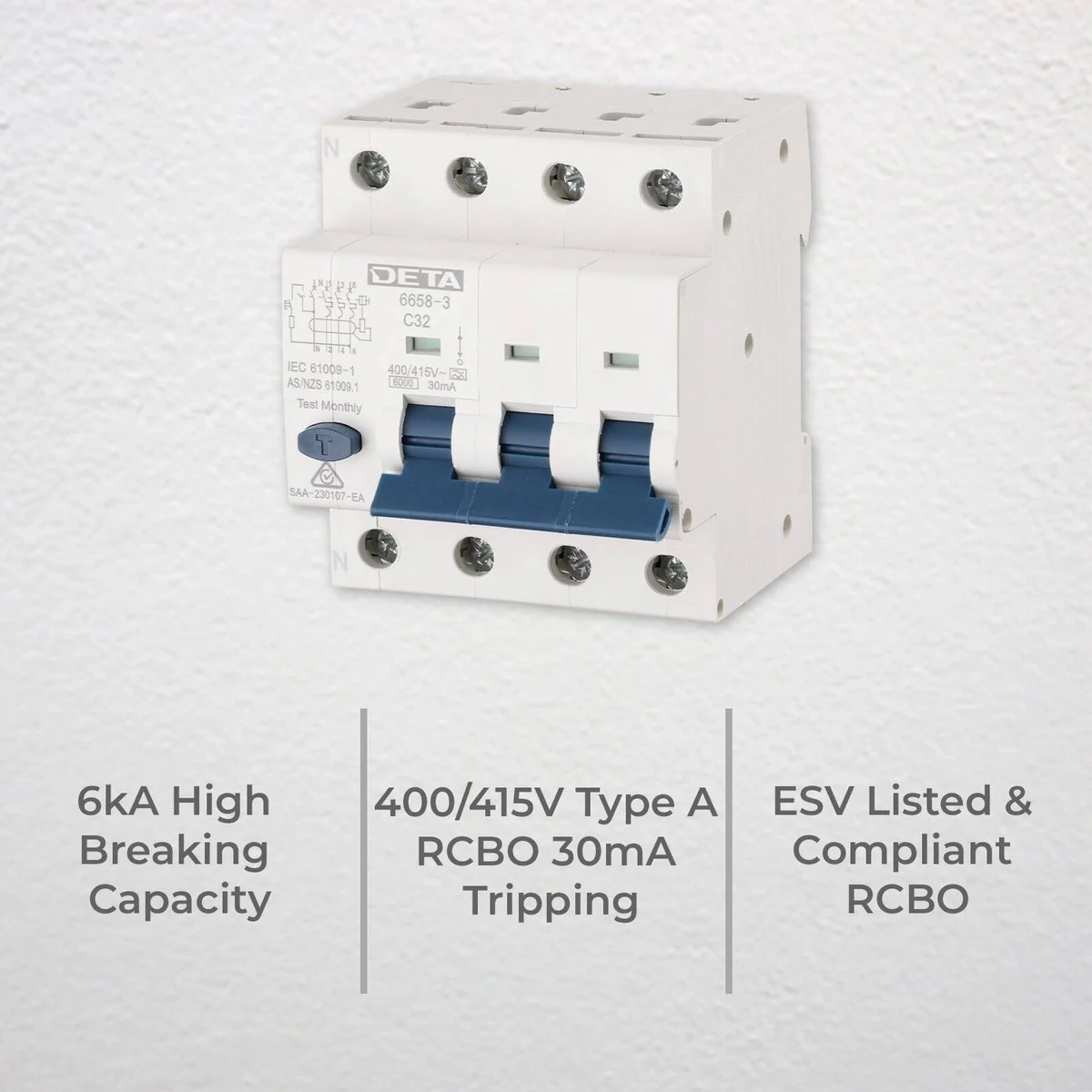 Deta 32A 3 Phase RCBO - 6kA High Breaking Capacity - 30mA Tripping - Image 2