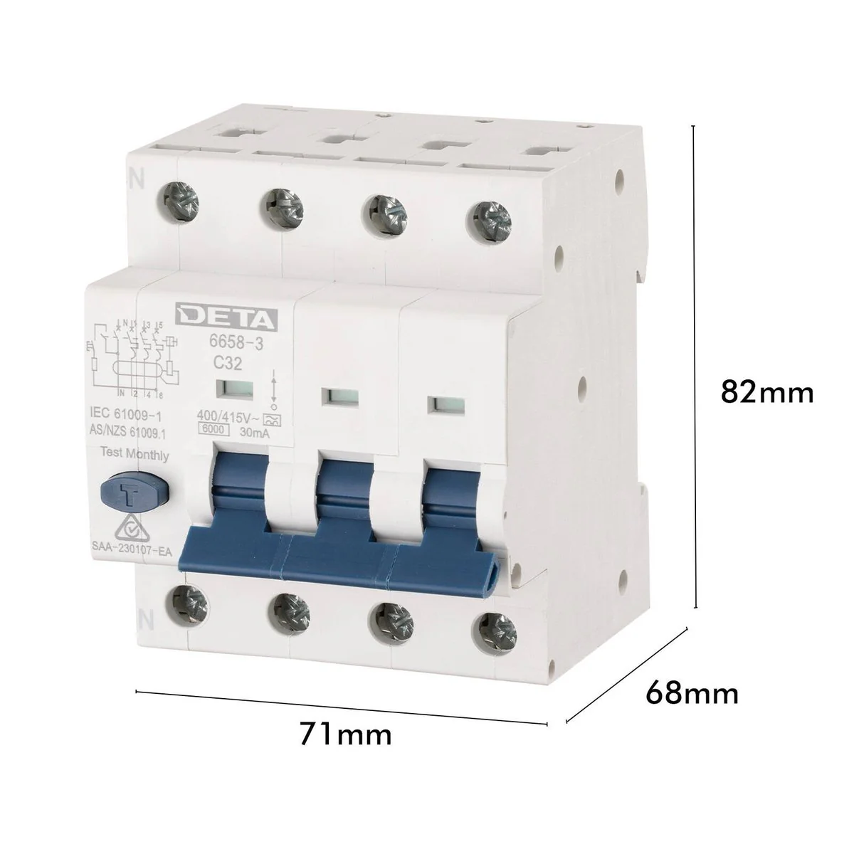 Deta 32A 3 Phase RCBO - 6kA High Breaking Capacity - 30mA Tripping - Image 3