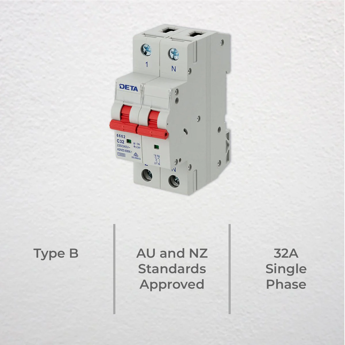 Deta 32A Single Phase MCB 1P NC Curve 10KA - Circuit Protection Device - Light Grey - Image 2