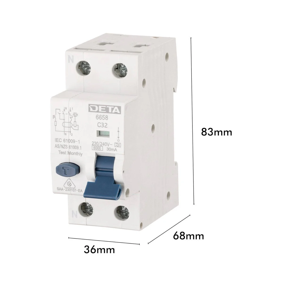 Deta 32A Single Phase RCBO - 6kA High Breaking Capacity - 240V - Image 3